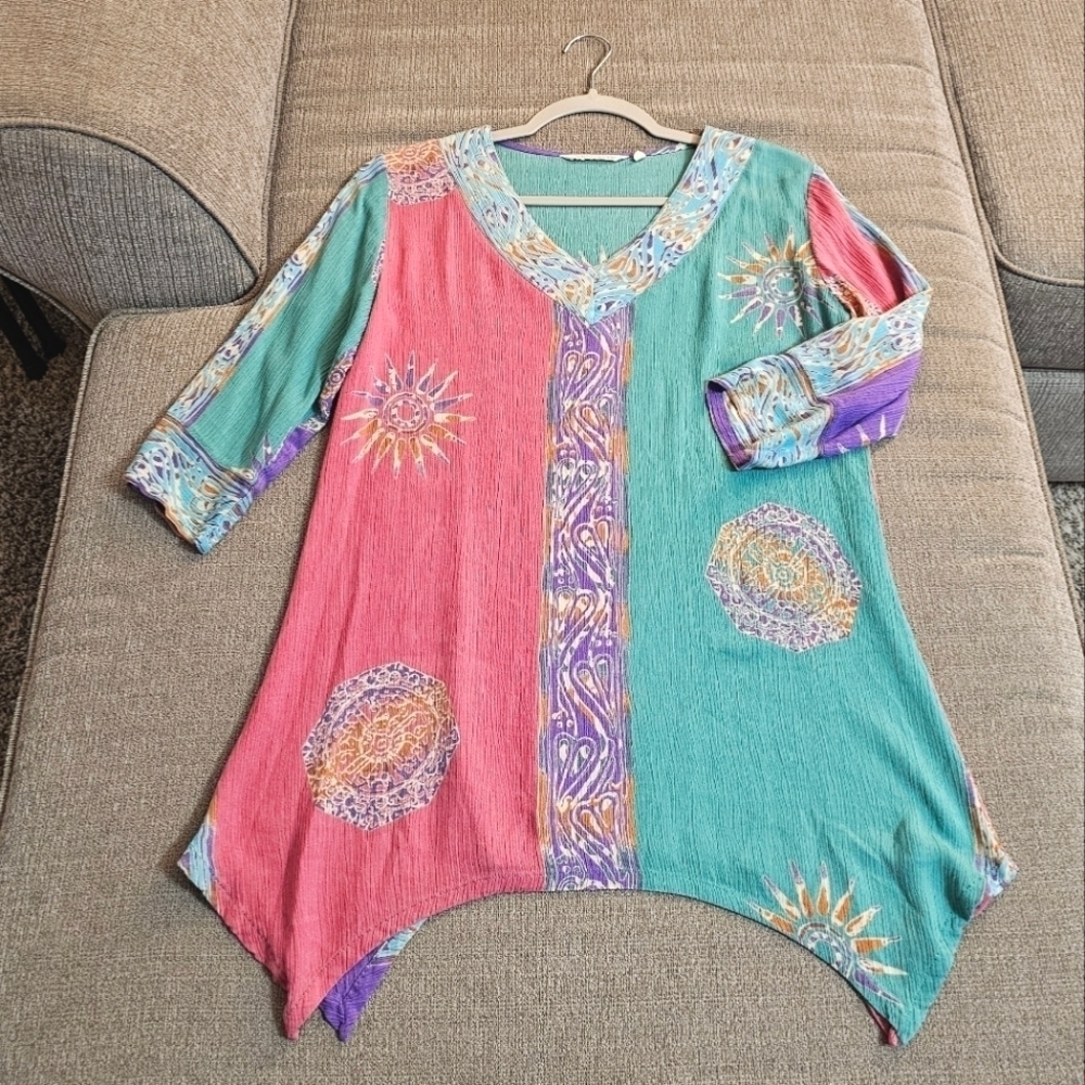 Soft Surroundings Boho Casual Festive Relaxed Pink Green Top Tunic Size XS